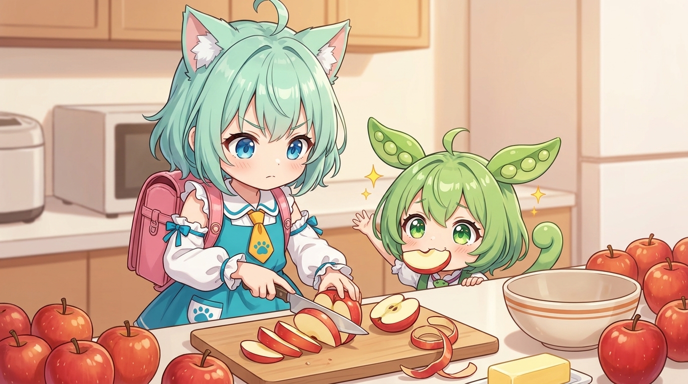 キッチンでりんごをくし形に切るデルタもんと、その手元から一切れつまみ食いするずんだもん