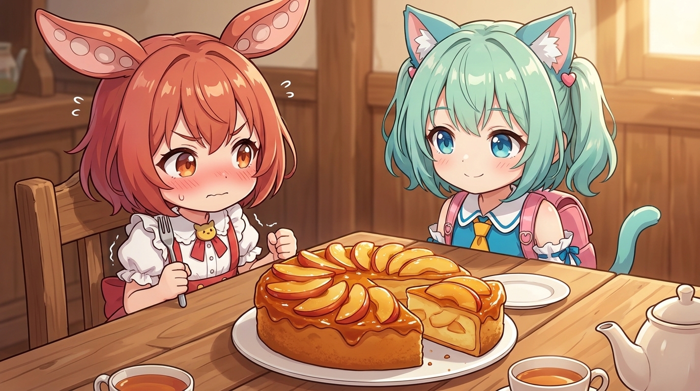 焼き上がったつやつやのりんごケーキと、そっぽを向きながらフォークを握るあんこもん