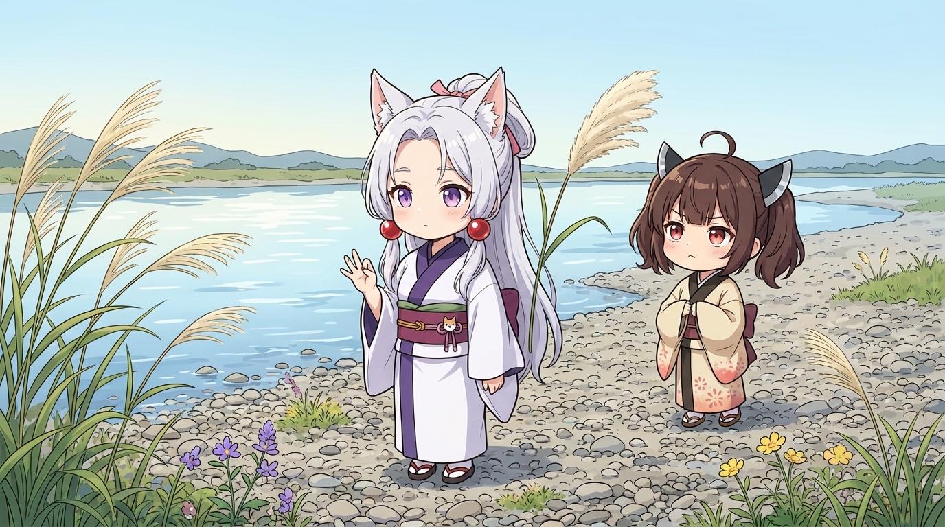 河原でススキを前に秋の七草を数える東北イタコと東北きりたん