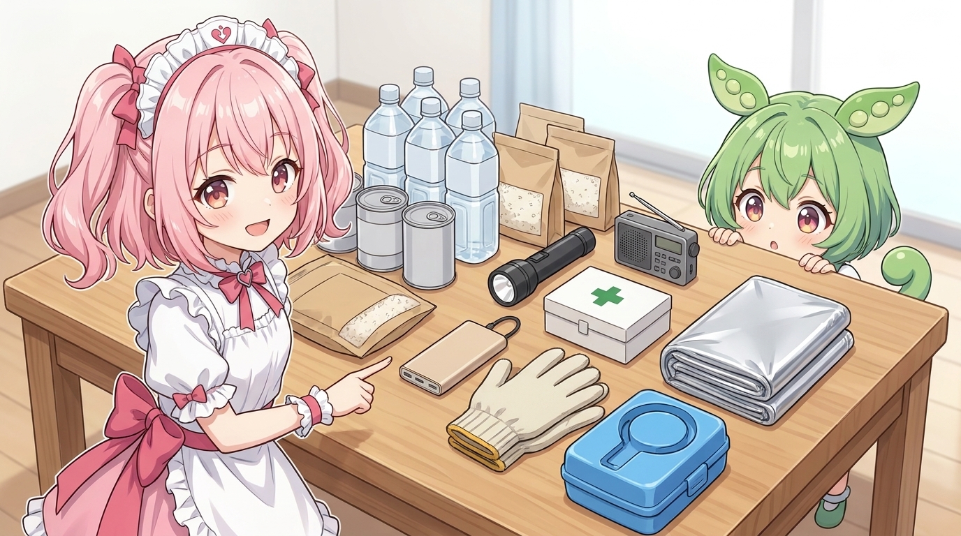 めたん先生が非常持ち出し袋の中身を並べて説明している