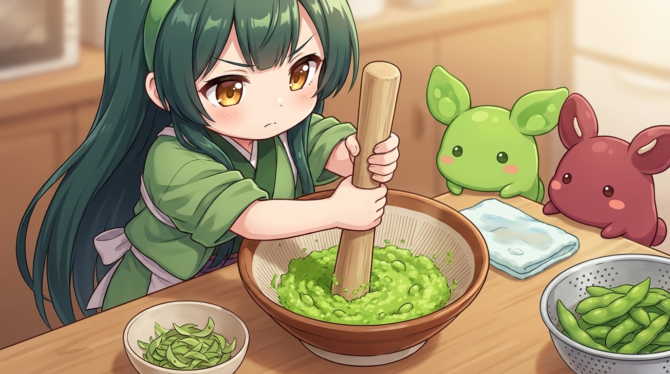 すり鉢で枝豆をつぶす東北ずん子