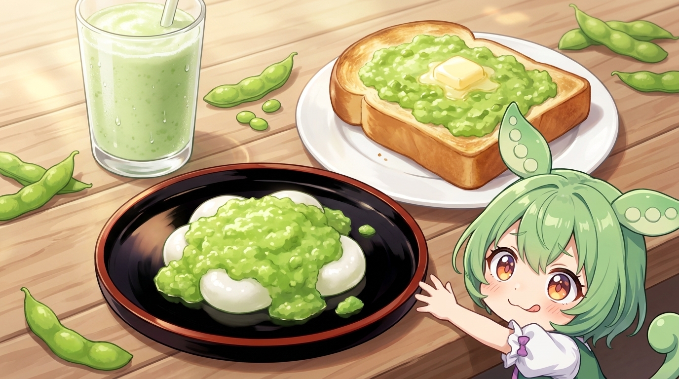 ずんだ餅・ずんだシェイク・ずんだトーストが並んだテーブルと、こっそり手をのばすずんだもん