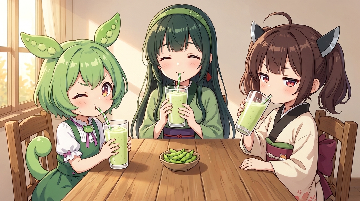 Zundamon、Zunko、东北切蒲英三个人用吸管喝着绿色的Zunda奶昔