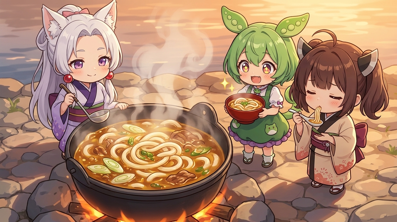 芋煮の残り汁で作ったカレーうどんを取り分けるずんだもんときりたん