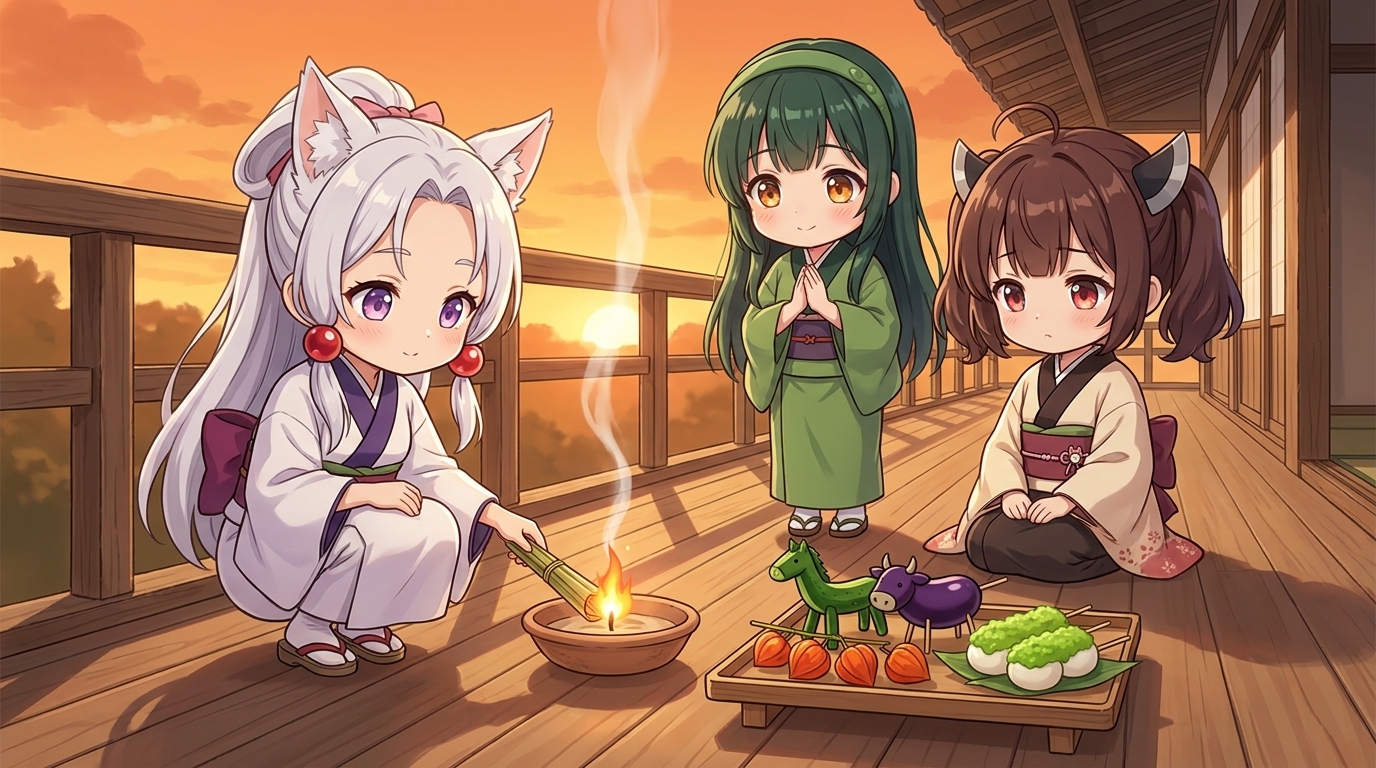 夕暮れの縁側で迎え火を焚く東北イタコ