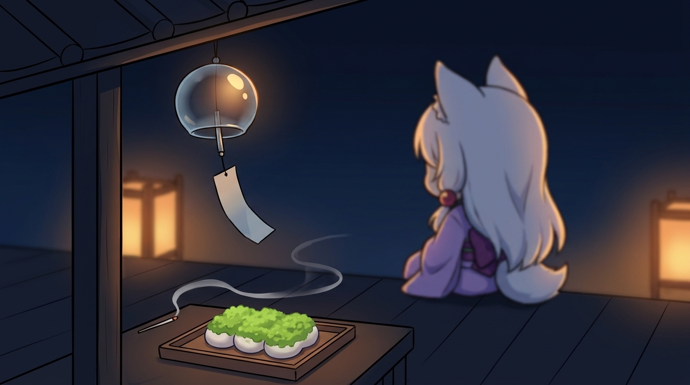 夜の縁側に置かれた風鈴とずんだ餅のお供え、そして振り返らないイタコの後ろ姿