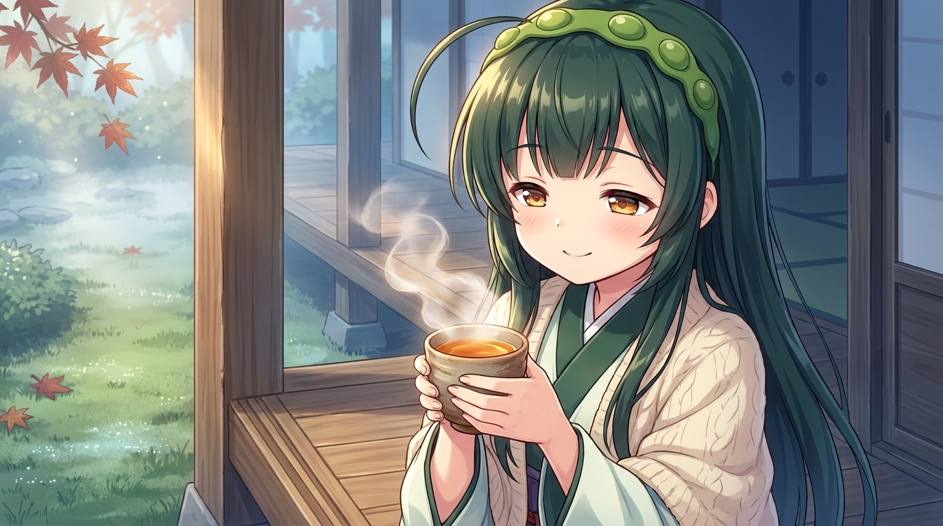 朝の縁側で湯気の立つお茶を両手で持つ東北ずん子