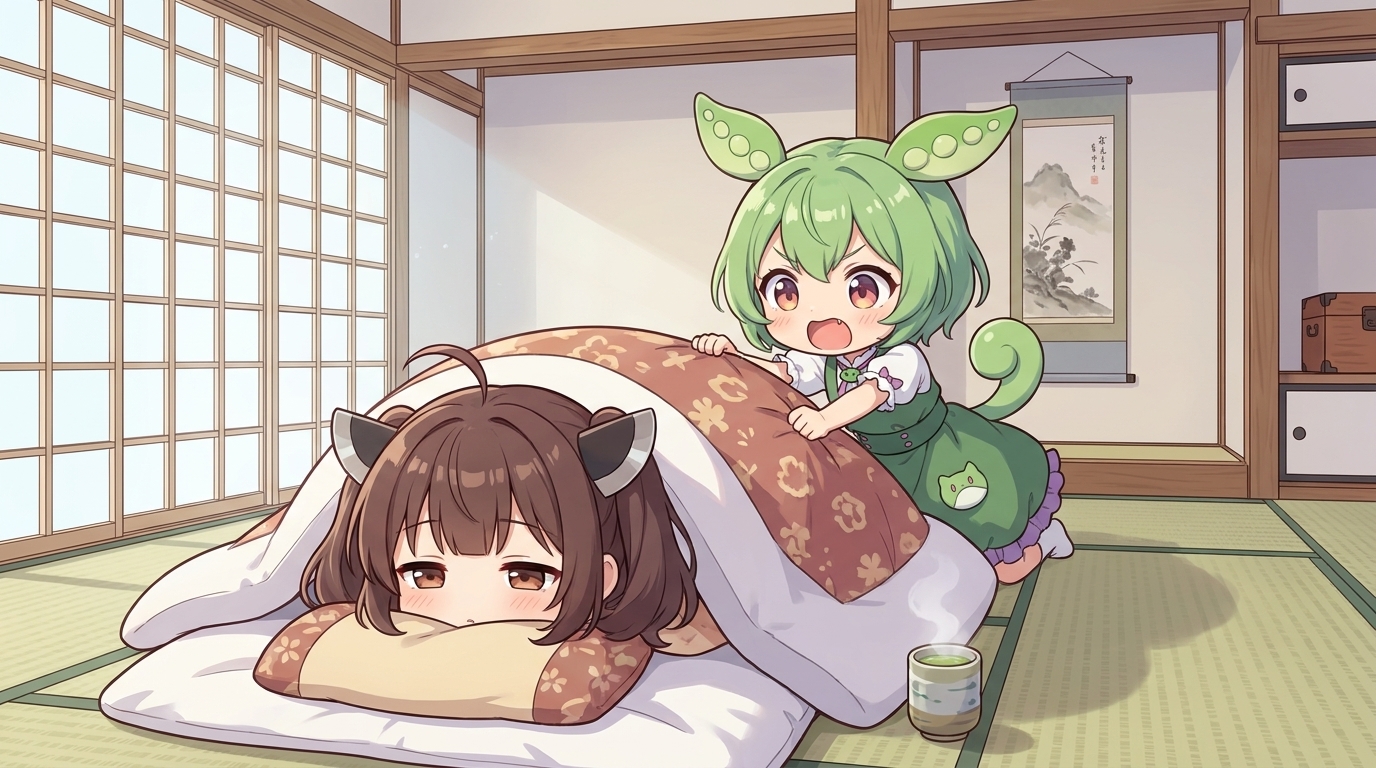 布団にくるまったままの東北きりたんを起こしにきたずんだもん