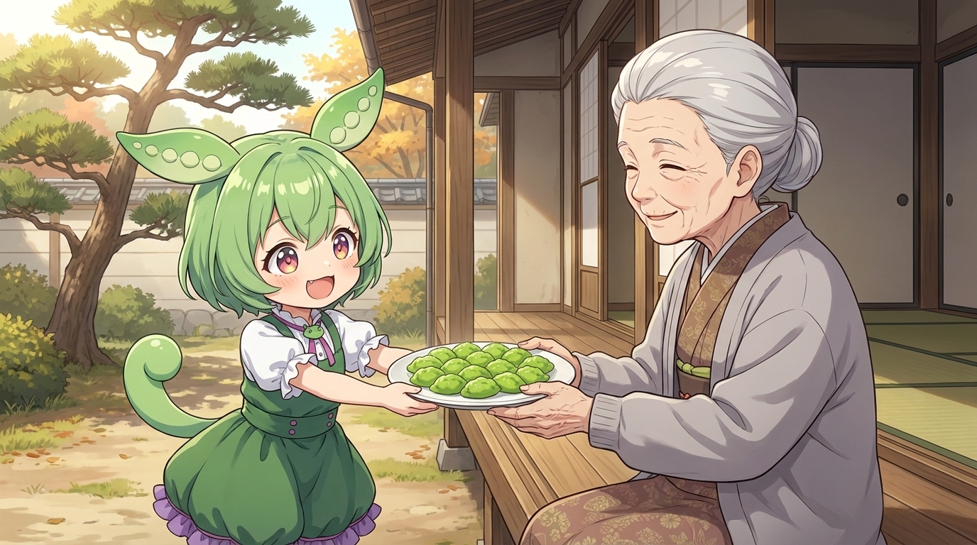縁側でおばあちゃんにずんだ餅のお皿をさしだすずんだもん