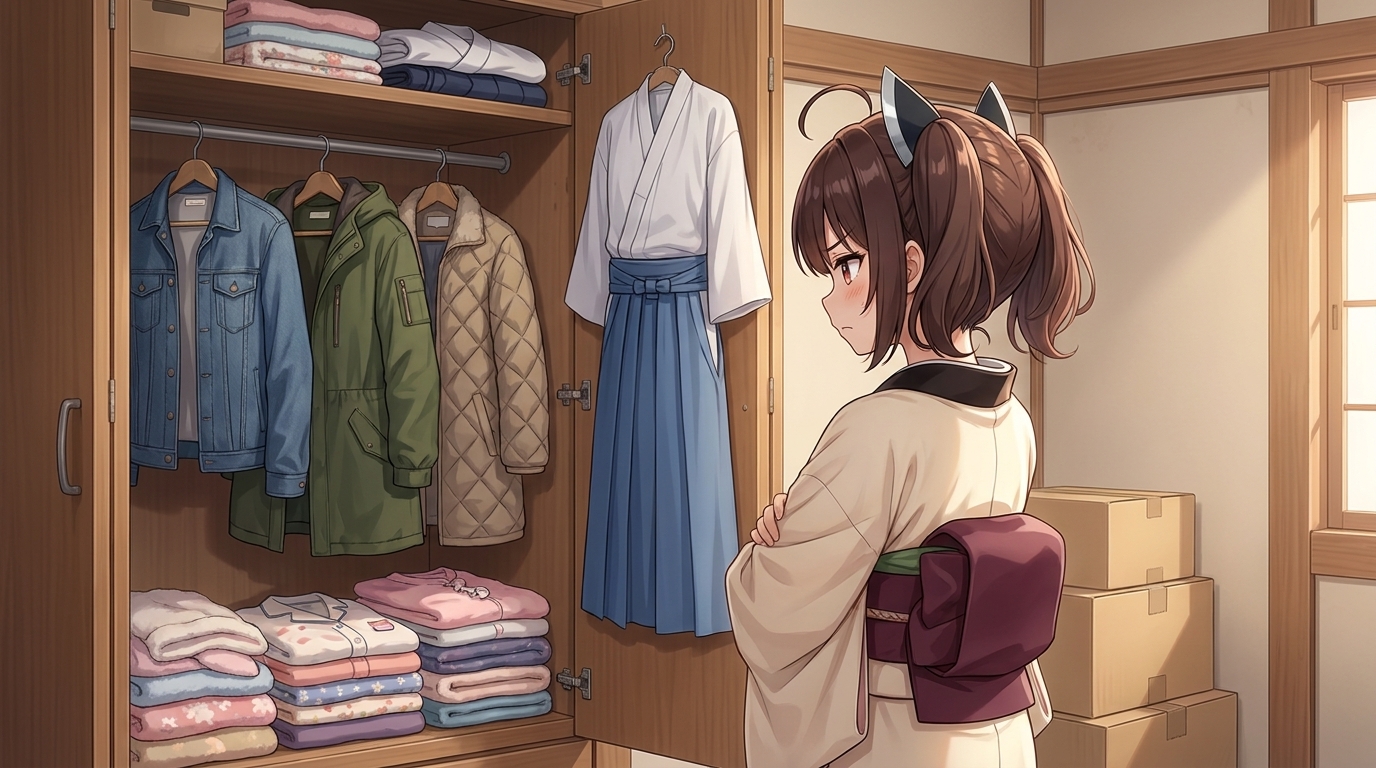 Tohoku Kiritan folding her arms in front of her closet