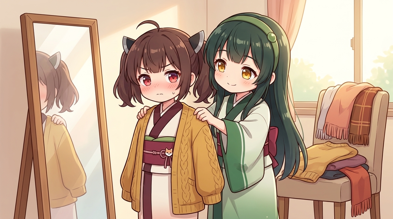 Tohoku Zunko helping Tohoku Kiritan pick out autumn clothes