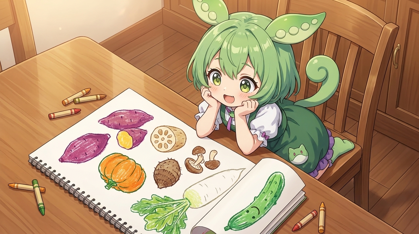 食卓にスケッチブックを広げて、秋野菜のクレヨン画を見つめるずんだもん