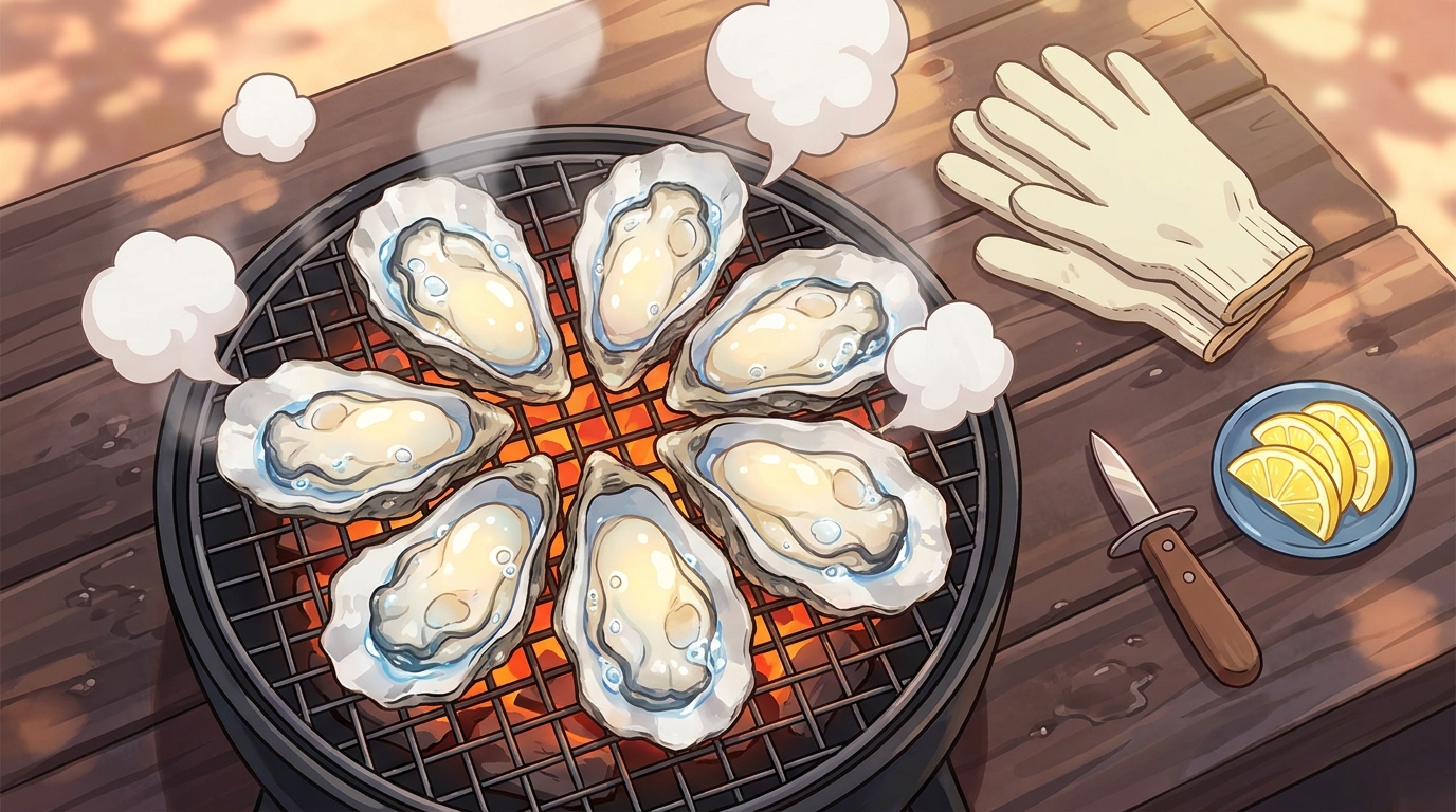 炭火の網の上で殻が開き湯気を立てている殻付きの焼き牡蠣