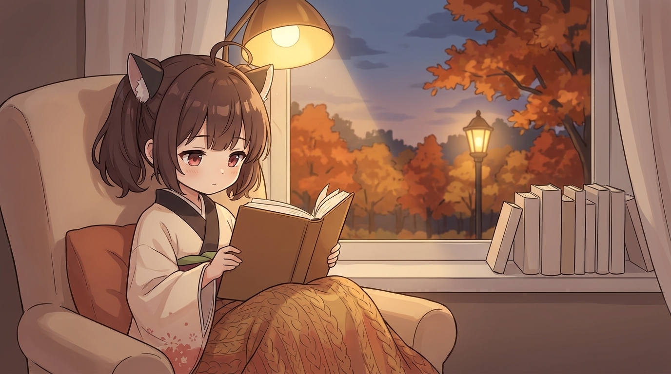 窓際の椅子で毛布にくるまって本を読む東北きりたん