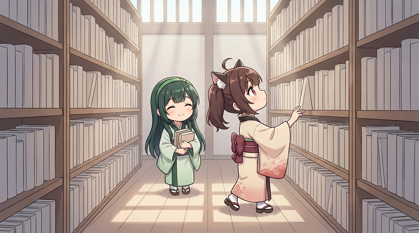 図書館の書架の間を並んで歩く東北きりたんと東北ずん子