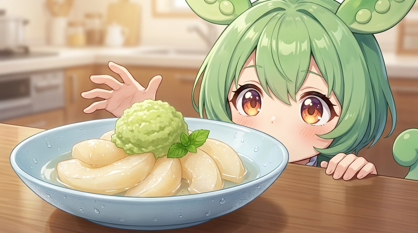 冷やした梨のコンポートにずんだあんを添えた器と、それをのぞきこむずんだもん