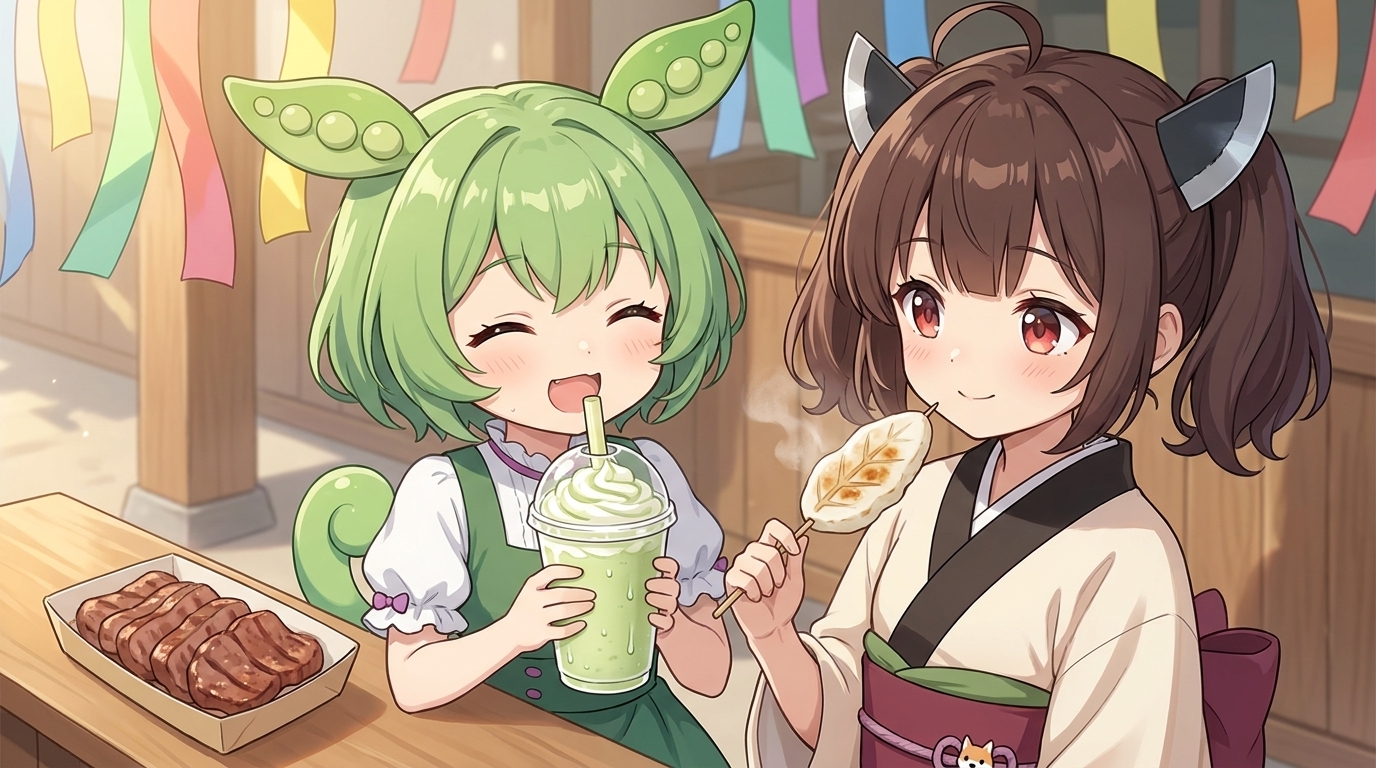 ずんだシェイクと笹かまを食べ歩きするずんだもんときりたん
