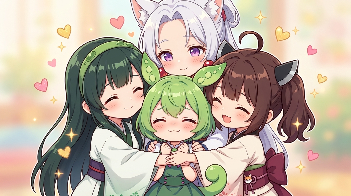 三姉妹がずんだもんを囲んで