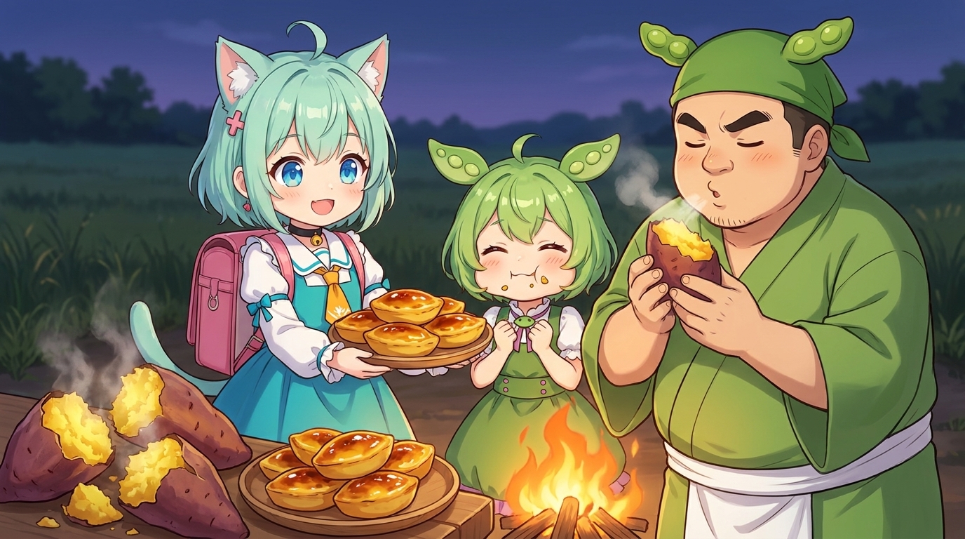 焚き火のそばに並んだホクホクの焼き芋と、こんがり焼き色のついたスイートポテト