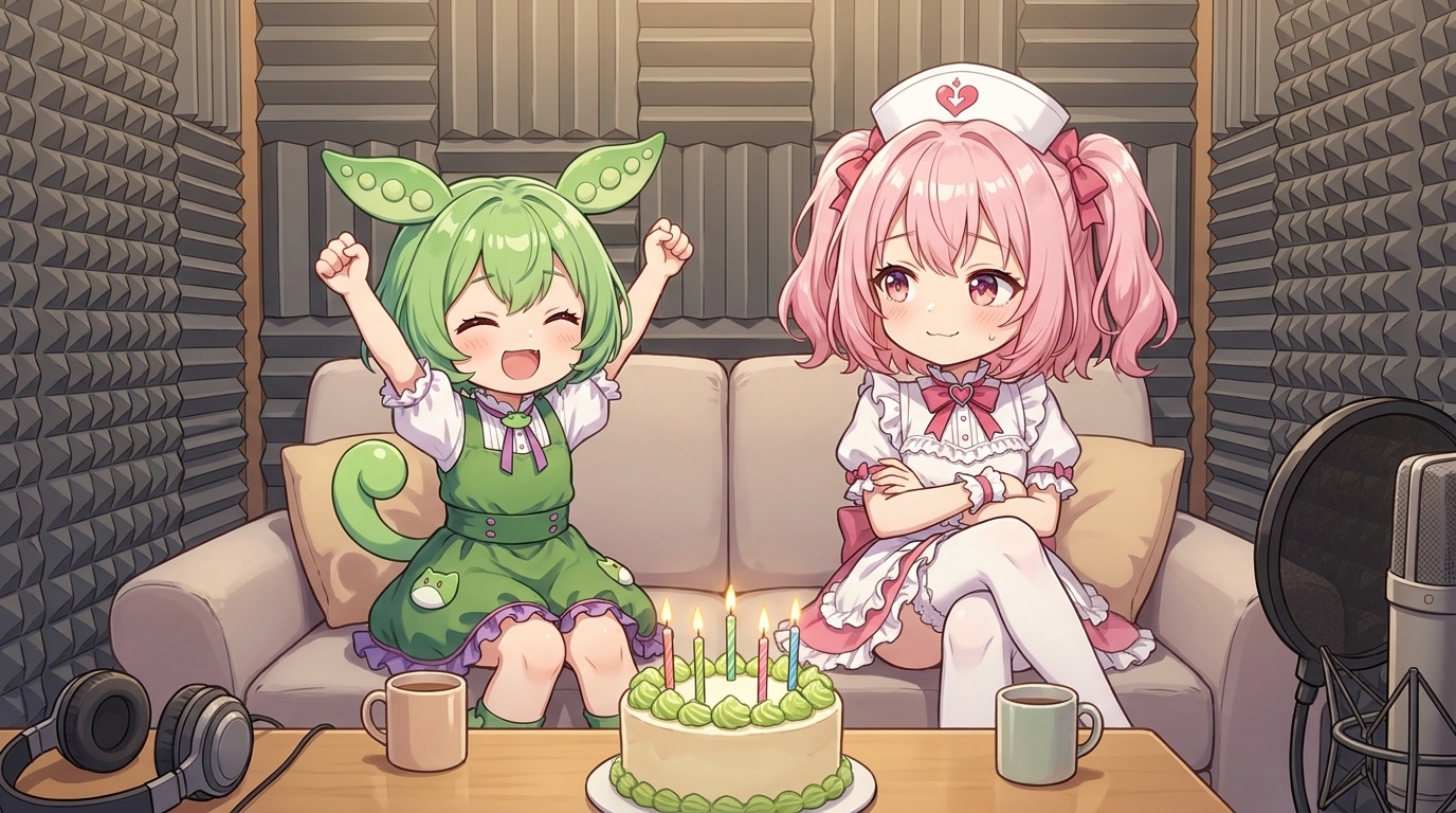 VOICEVOXの5周年をお祝いするずんだもんと四国めたん