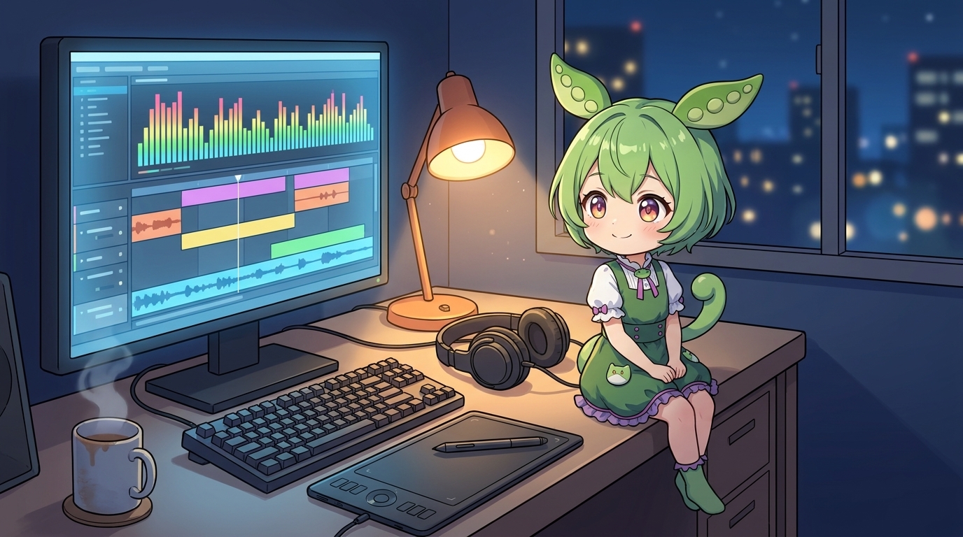 深夜にずんだもんの声で動画を作るクリエイターの机