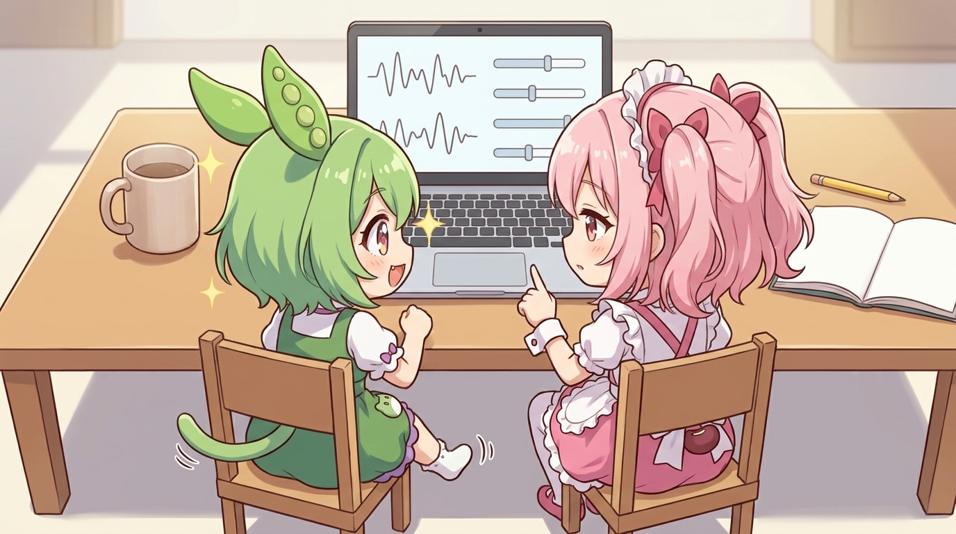 パソコンの前に並んで座り、VOICEVOXの画面をのぞきこむずんだもんとめたん
