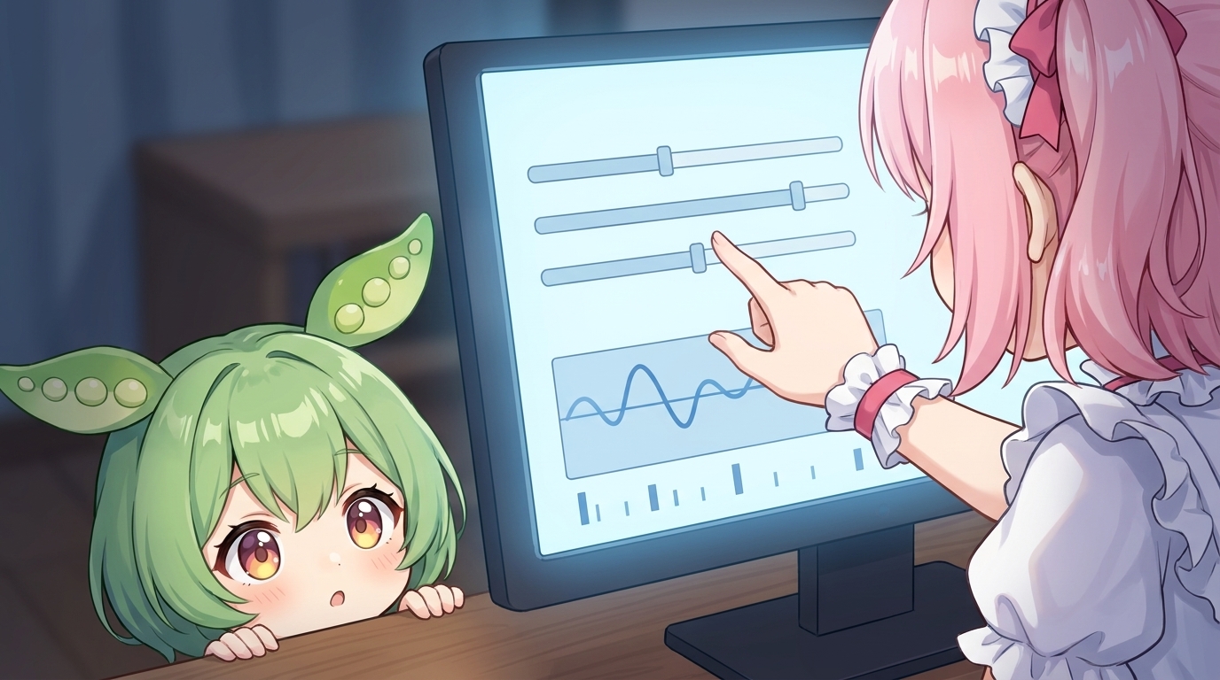 VOICEVOXの調整バーを指さすめたんの手もとを、横からのぞきこむずんだもん