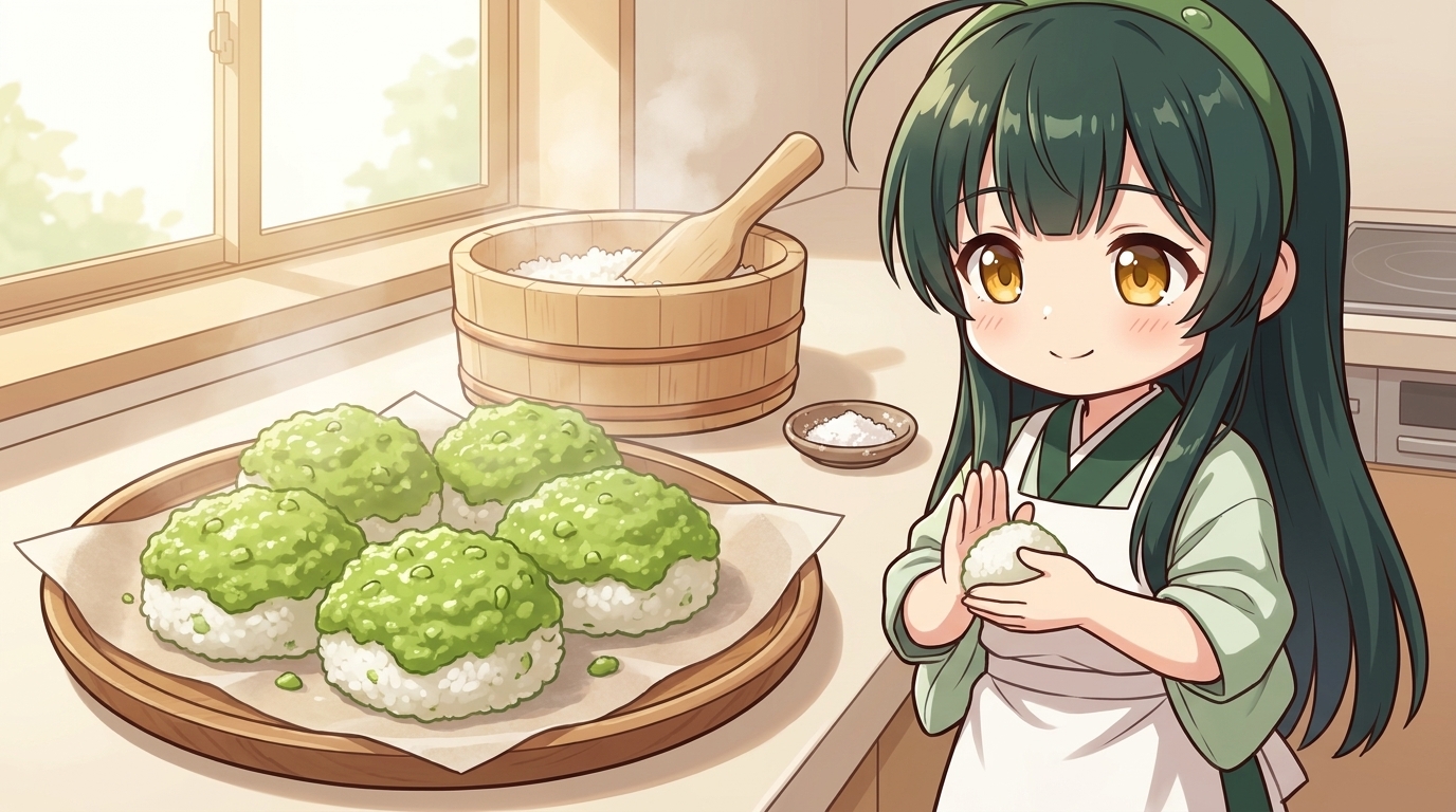 ずんだあんで包んだ緑のおはぎを木のお皿に並べたところ