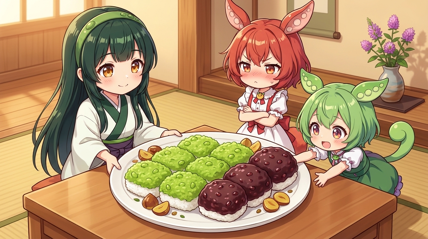 緑のずんだおはぎと小豆あんのおはぎを一皿に並べた二色おはぎ