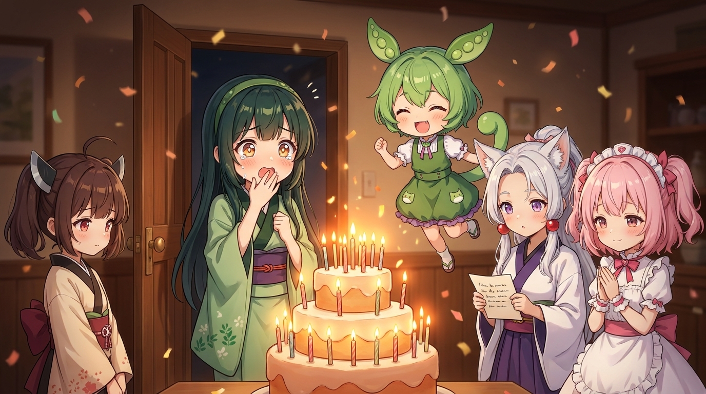 15本のろうそくが灯ったケーキを前に驚くずん子とお祝いするメンバー